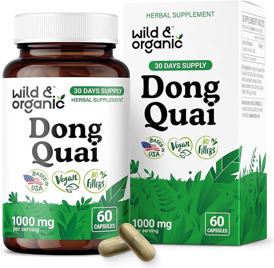 Wild & Organic Dong Quai Capsules for Women - 1000 mg per Serving - Dong Quai Root Supplement - 30-Day Supply - Traditional Angelica Sinensis - Non-GMO, Vegan - 60 Count