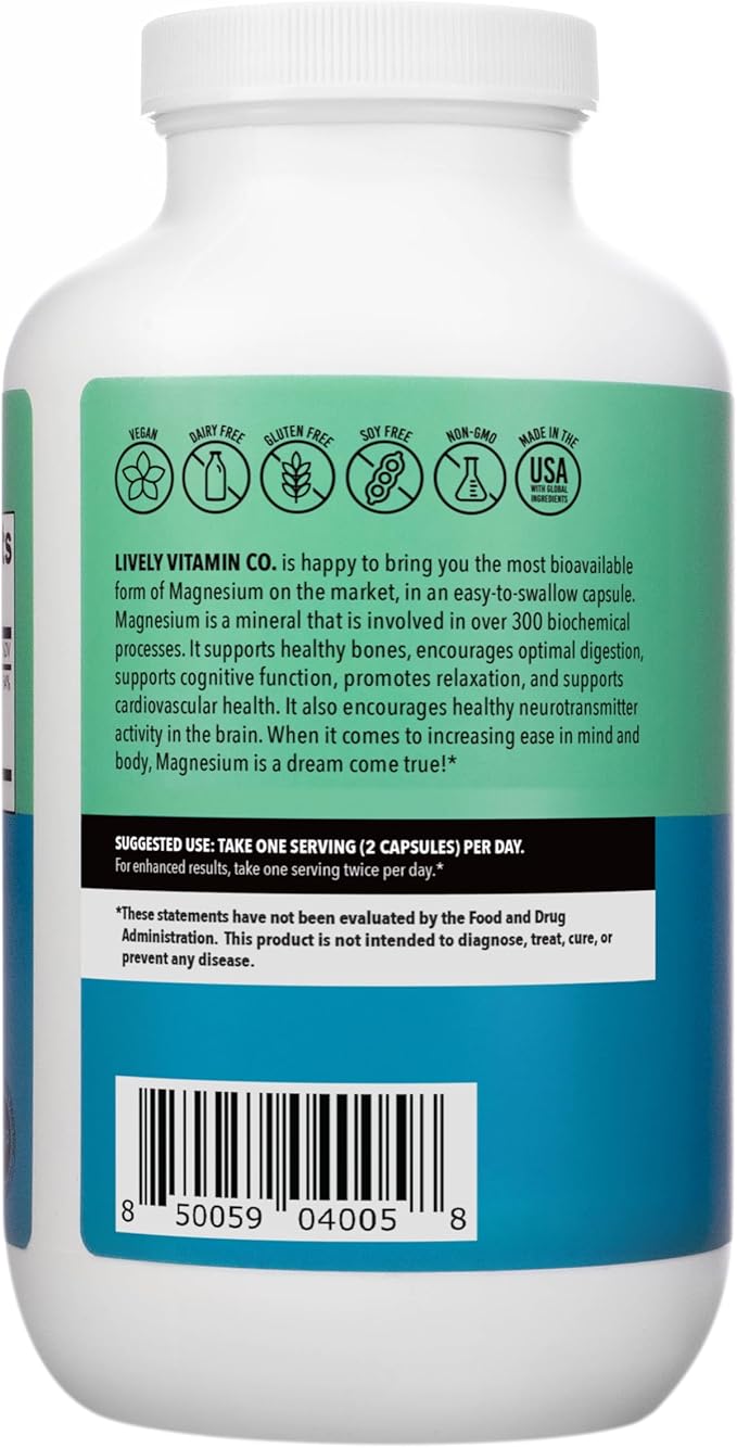 Lively Vitamin Co. Magnesium Ease - Chelated - Highly Bioavailable - Tension - Stress - Nerves - Immune Function - RLS - Gluten Dairy Soy Free - Non-GMO - 360 Vegan Capsules