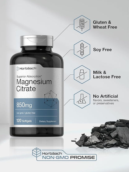 Horbäach Magnesium Citrate | 850mg | 120 Softgels | Superior Absorption | Non-GMO and Gluten Free Formula