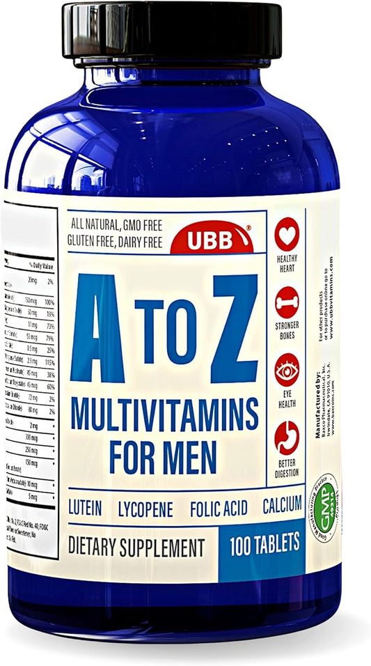 A to Z Multivitamin and Multimineral Supplement for Men - 3 Month Supply - Vitamins A C D E K B1 B2 B6 B12 Magnesium Calcium Biotin Potassium Zinc - Antioxidants for Heart & Immune Health (100 Count)