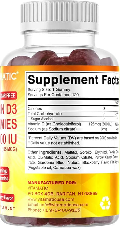 Vitamatic Sugar Free Vitamin D3 5000 IU - 120 Gummies - Great Taste - Healthy Bones, Mood & Immune System Function - Non-GMO - 120 Servings (5000 IU)