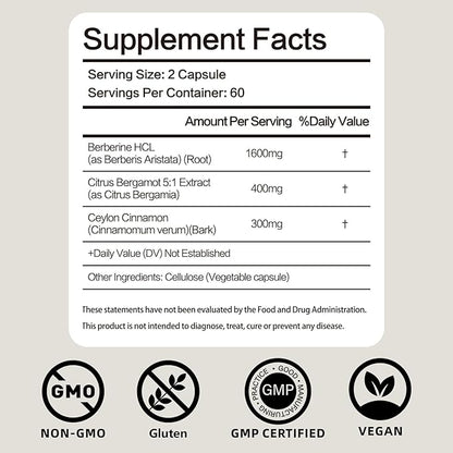 Berberine Supplement 2300MG with HCI & Ceylon Cinnamon, Premium Berberine Capsules for Health Support, Advanced Formula for Men and Women- 120 Capsules