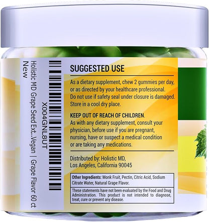 Grape Seed Extract Gummies | Grape Seed Oil 25,000 mg 50x Original | >95% Polyphenols | #1 Grape Seed Gummies in USA | Sugar Free Vegan | Grape Flavor 60 ct