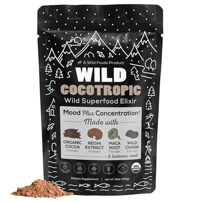 Organic Cocotropic Mushroom Hot Cocoa - Mushroom Coffee Alternative | Sugar Free Hot Chocolate | Organic Cocoa Powder, Reishi Mushrooms, Chaga, Maca Root, Turmeric | Delicious Sustained Focus, Energy & Mood Without Jitters | 16oz