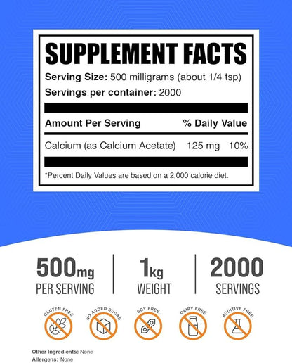 BulkSupplements.com Calcium Acetate Powder - Calcium Supplement, Calcium Powder - Food Grade, for Bone Health, 500mg (125mg Calcium) per Serving, 1kg (2.2 lbs)