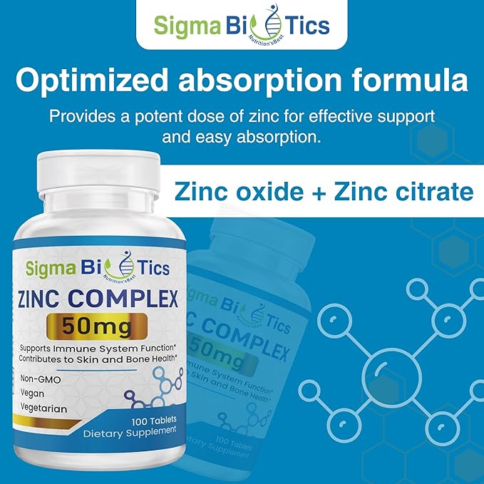 Sigma Biotics High-Potency Zinc 50mg Supplement - Supplements for Immune Support & Skin Health - Non-GMO Mineral Supplement with Zinc Oxide & Citrate - 60 Tablets