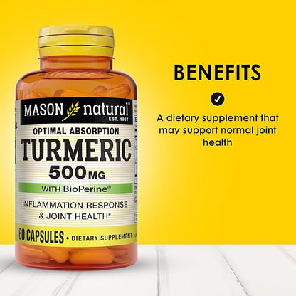 MASON NATURAL Optimal Absorption Turmeric 500 mg with BioPerine, Supports Normal Joint Health, 60 Capsules