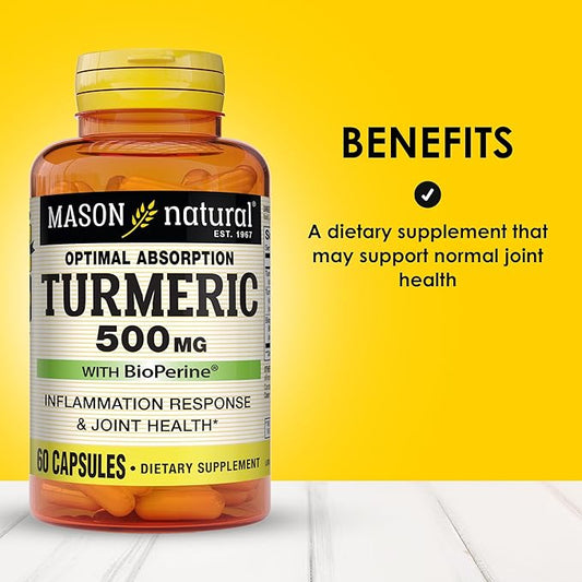MASON NATURAL Optimal Absorption Turmeric 500 mg with BioPerine, Supports Normal Joint Health, 60 Capsules