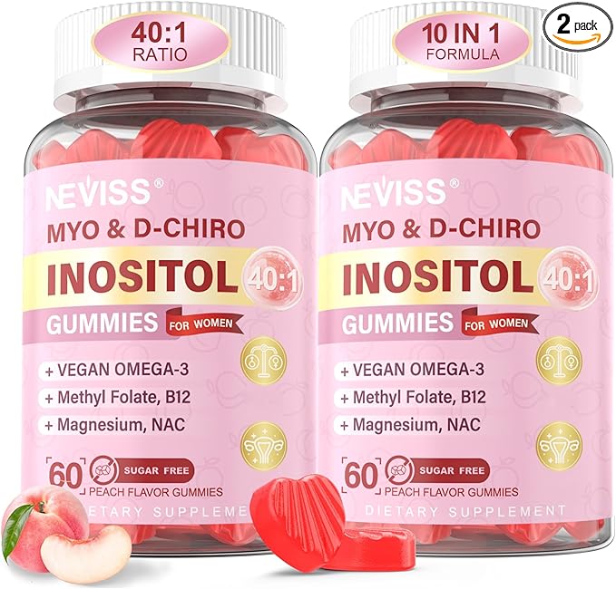 Myo-Inositol & D-Chiro Inositol Gummies for Women 2000mg + 50mg, 40:1 Ratio Inositol with Vegan Omega-3 + Vitamin D3, Magnesium Glycinate, Methyl Folate + B12 for Female Health & Wellness, Sugar Free