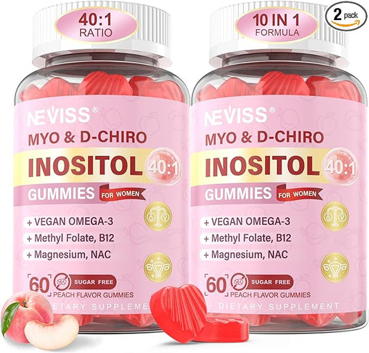 Myo-Inositol & D-Chiro Inositol Gummies for Women 2000mg + 50mg, 40:1 Ratio Inositol with Vegan Omega-3 + Vitamin D3, Magnesium Glycinate, Methyl Folate + B12 for Female Health & Wellness, Sugar Free