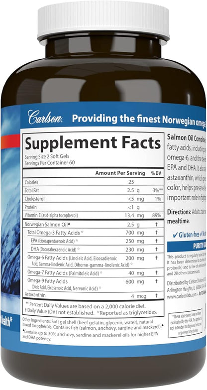Carlson - Salmon Oil Complete, 700 mg Omega-3s + Astaxanthin, Cardiovascular Support, Brain Function & Joint Health, 120 soft gels