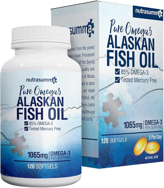 High Purified Omega 3 Supplement Wild Alaskan Fish Oil Burpless & No Fishy Taste, 650mg EPA &270mg DHA of 1250mg Fish Oil softgels, Gluten Free, Heart, Brain& Immune Support, 60 Servings
