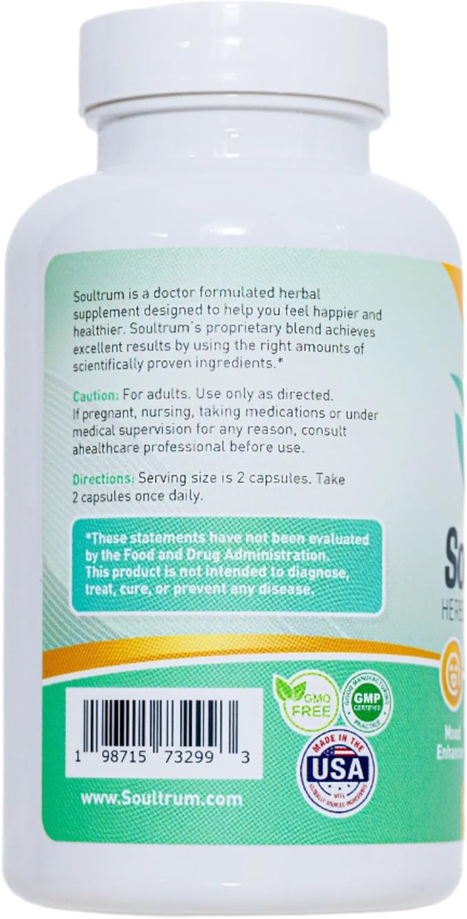 Daily Herbal Supplement for Mood Enhancement and Happiness with Ashwangandha, Omega 3 Fatty Acids, Magnesium, Turmeric, 5-HTP, Rhodiala Rosea, Probiotics, L-Theanine, Vitamin D, Saffron, B-Complex