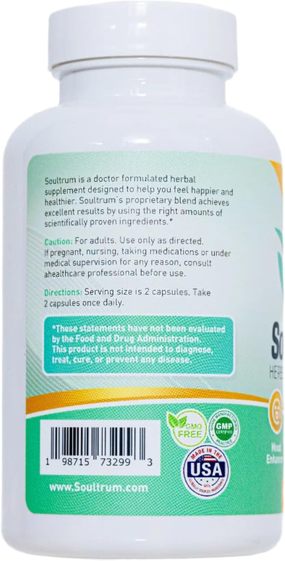 Daily Herbal Supplement for Mood Enhancement and Happiness with Ashwangandha, Omega 3 Fatty Acids, Magnesium, Turmeric, 5-HTP, Rhodiala Rosea, Probiotics, L-Theanine, Vitamin D, Saffron, B-Complex