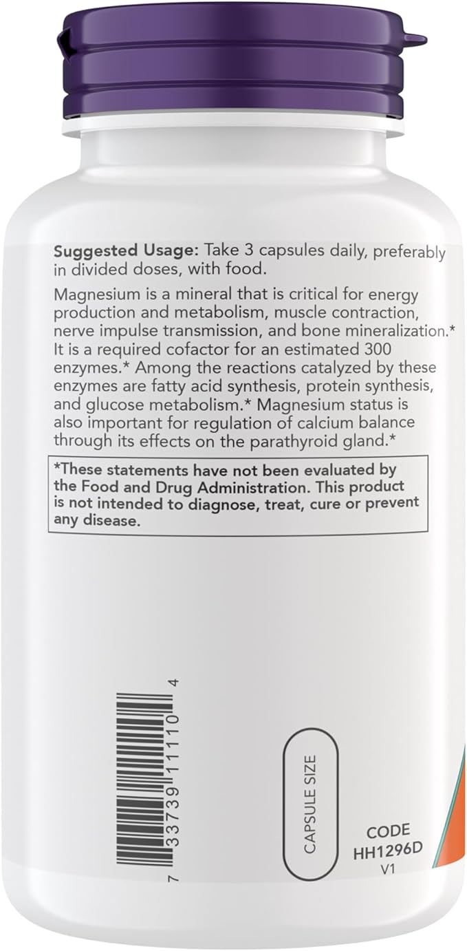 Now Supplements, Magnesium Citrate, Enzyme Function*, Nervous System Support*, Critical for Enzyme Function*, Gluten Free, Vegan, Kosher, Non-GMO 360 Vegetarian Capsules