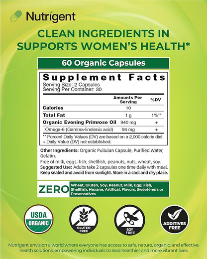 Organic Evening Primrose Oil Supplement, 940 mg 100% Pure with 10% GLA, High Absorption Liquid Organic Capsules, Promotes Women's Health & Skin Health, Cold Pressed, 60 Count