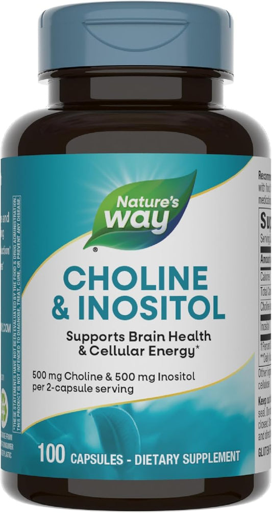 Nature's Way Choline & Inositol, Supports Brain Health & Cellular Energy*, 500 mg Choline & 500 mg Inositol per 2-capsule serving, Gluten Free, 100 Capsules (Packaging May Vary)
