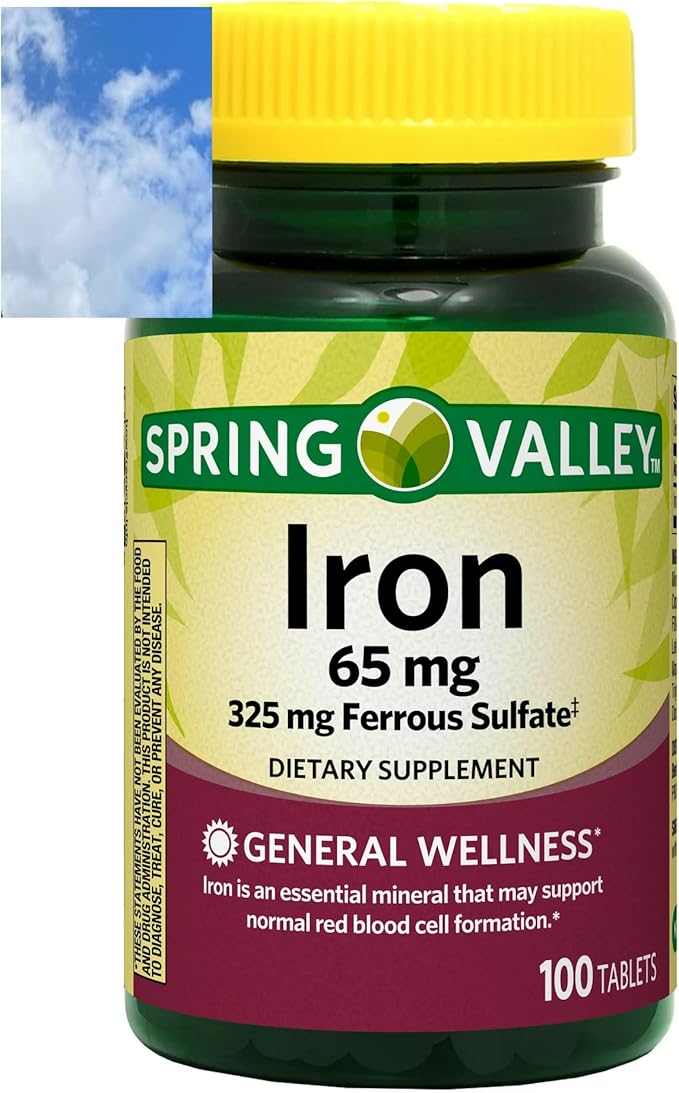 Spring Valley Iron Tablets Dietary Supplement, 65 mg, 100 Count + 1 Mini Pill Container (Color Varies)