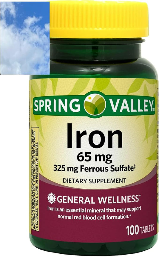 Spring Valley Iron Tablets Dietary Supplement, 65 mg, 100 Count + 1 Mini Pill Container (Color Varies)
