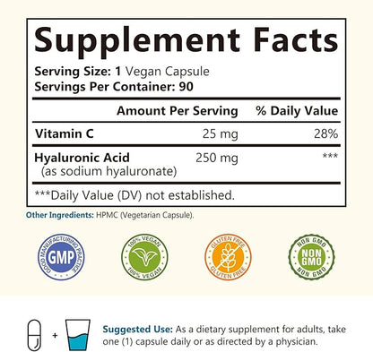Hyaluronic Acid Supplement, with Vitamin C, 250mg Plant-Based HA, 90 Vegan Caps, for Skin & Eyes, Collagen Production, Easily Absorbable