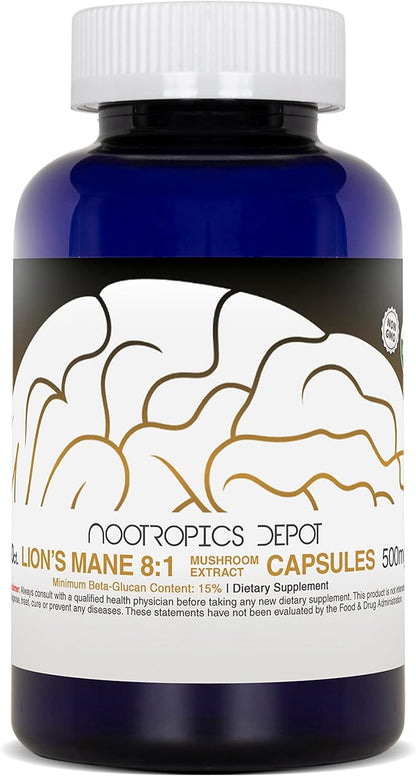Nootropics Depot Lions Mane Mushroom Capsules | 8:1 Whole Fruiting Body Dual Extract | 500mg | 60 Count | Hericium erinaceus