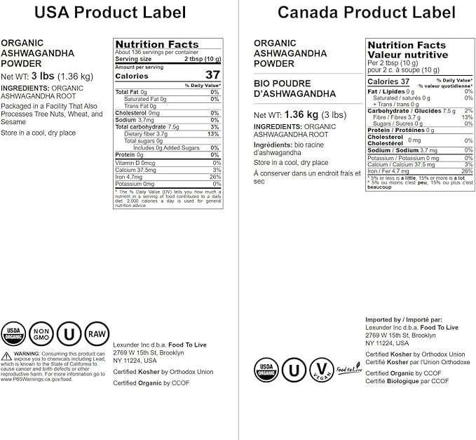 Food to Live Organic Ashwagandha Root Powder, 3 Pounds - Non-GMO, Finely Ground Indian Ginseng, Pure, Raw, Vegan. Easy to Mix. Adaptogenic Herb.