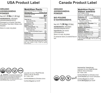 Food to Live Organic Ashwagandha Root Powder, 3 Pounds - Non-GMO, Finely Ground Indian Ginseng, Pure, Raw, Vegan. Easy to Mix. Adaptogenic Herb.