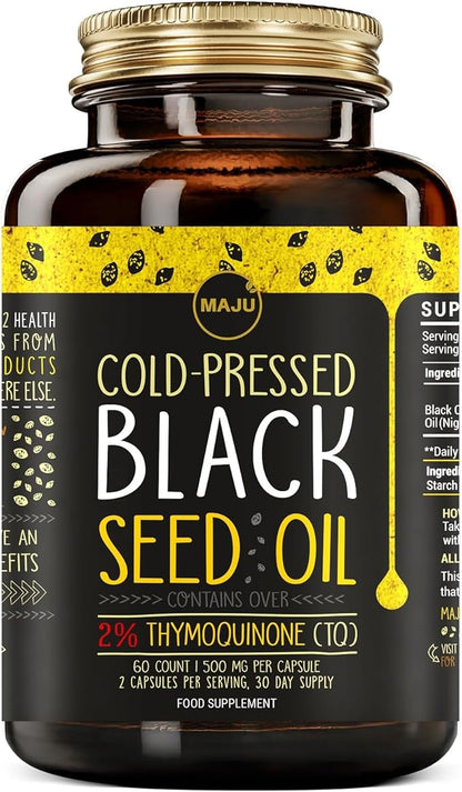 Maju Superfoods Black Seed Oil Capsules - Cold Pressed, 2% Thymoquinone, 100% Turkish Black Cumin Nigella Sativa Seed Oil, Liquid Pure Blackseed 60 Count, 500mg per Capsule