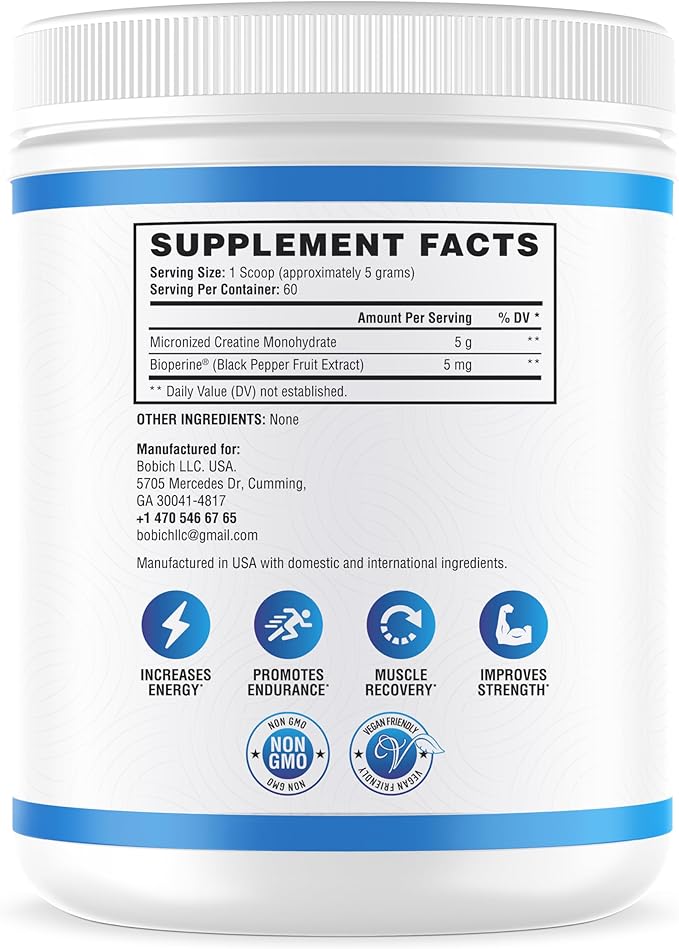 NutraScience Creatine Monohydrate Powder with BioPerine, Supports Lean Muscle Growth and Recovery, 60 Servings, 5000mg Per Serving, Unflavored, GMP sertified, Vegan Friendly, Non GMO
