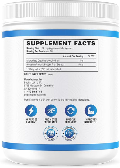 NutraScience Creatine Monohydrate Powder with BioPerine, Supports Lean Muscle Growth and Recovery, 60 Servings, 5000mg Per Serving, Unflavored, GMP sertified, Vegan Friendly, Non GMO