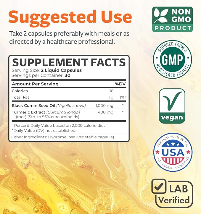 Black Seed Oil & Turmeric Supplement - 1400mg - 60 Liquid Capsules (Non-GMO & Vegan) - Natural Support for Healthy Joints and with Enhanced Curcumin Absorption
