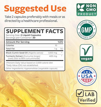 Black Seed Oil & Turmeric Supplement - 1400mg - 60 Liquid Capsules (Non-GMO & Vegan) - Natural Support for Healthy Joints and with Enhanced Curcumin Absorption