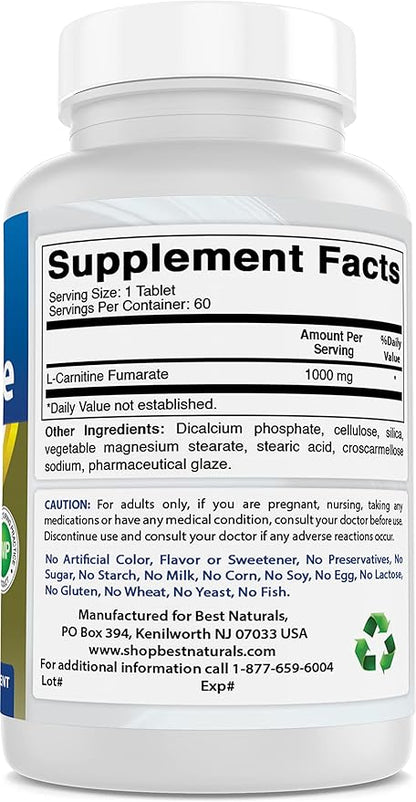 Best Naturals L-Carnitine 1000mg 60 Tablets (60 Count (Pack of 2))