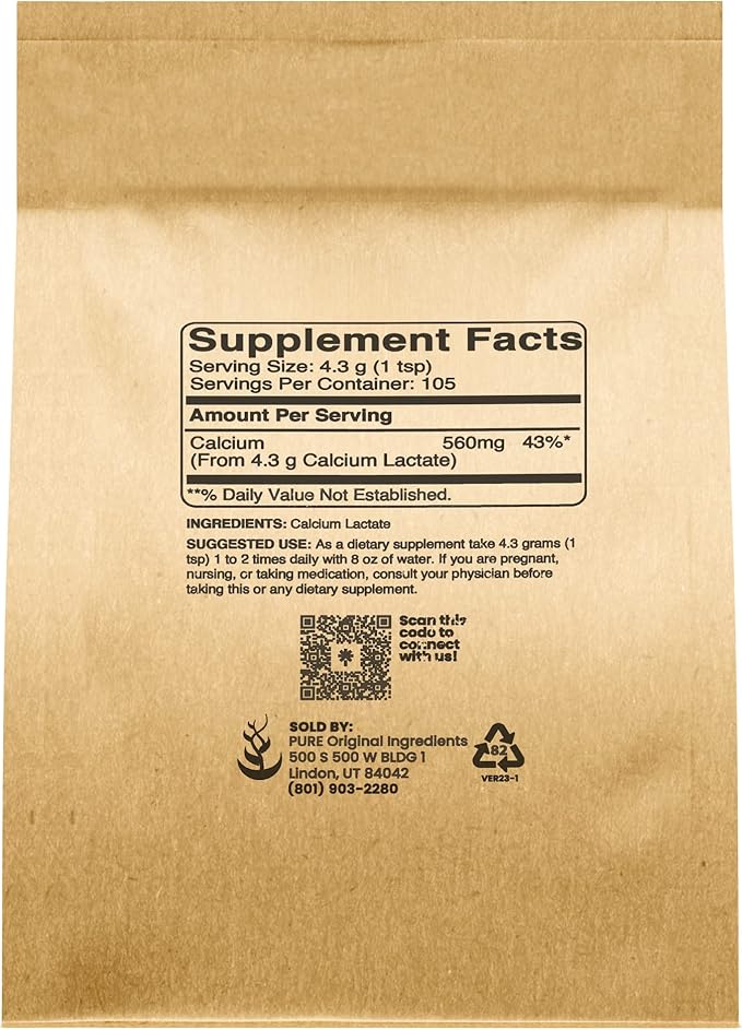 Pure Original Ingredients Calcium Lactate (1lb) Calcium Supplement, Electrolyte, Non-GMO