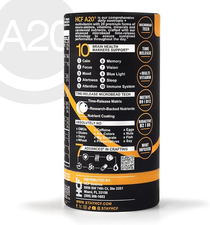 HCF A20 Microbead Brain Health Supplements for Adults for Memory, Focus, Calm, Mood, Alertness, Attention, Vision, Sleep, Immune System, 20 Premium Nootropic Nutrients Multivitamin & 7 Advances® Tech