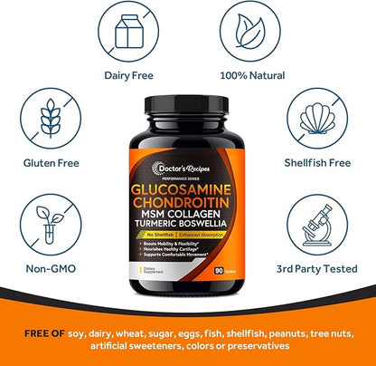 Doctor's Recipes Glucosamine Chondroitin MSM Turmeric Quercetin, Movement Support Supplement for Men & Women, with Black Pepper for High Absorption, Mobility & Flexibility, No Shellfish, 90 Tablets