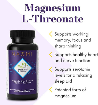 NAOMI Magnesium L-Threonate with 2,000mg Patented Magtein®, High Absorption Elemental Magnesium, Memory Supplement - Brain Health, Focus, Nerve Support, Heart Health, Natural Sleep Aid, 60 Veggie Caps