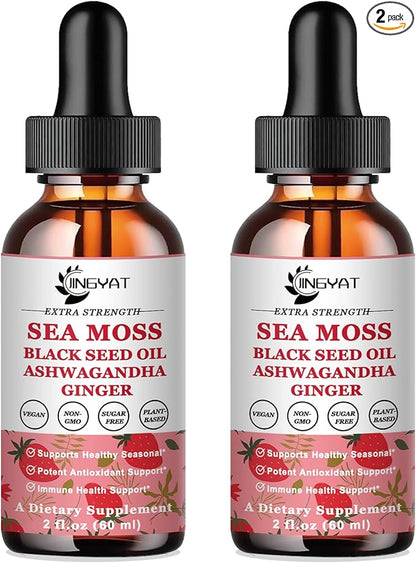 (2 Pack) Sea Moss Black Seed Oil Ashwagandha Ginger Liquid Drops, Rich in Vitamins with Burdock Root, Bladderwrack, Vegan Irish Sea Moss, 6X Stronger Than Pills & Capsules