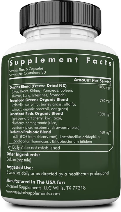Ancestral Supplements Greens Powder Capsules, Organic Superfood Greens & Reds Blend with Spirulina, Chlorella, Grass Fed Beef Organs, and Probiotics for Gut Health, Non GMO, 615mg Each, 180 Count