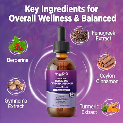 Liposomal Liquid Berberine Drops Sugar Free, Berberine Extract with Ceylon Cinnamon Supplement for Adults, Immune & Digestive Support, Natural Lemon Flavor, 2 FL OZ