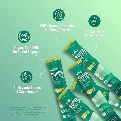Supergreens Premium Superfood Greens Drink Mix w/Chlorella, Moringa, Spinach & Broccoli + Digestive Enzymes & Probiotic Blend -Nutrient-Packed Powder Wellness (Apple Pear, 20 SRV, Travel Pack)
