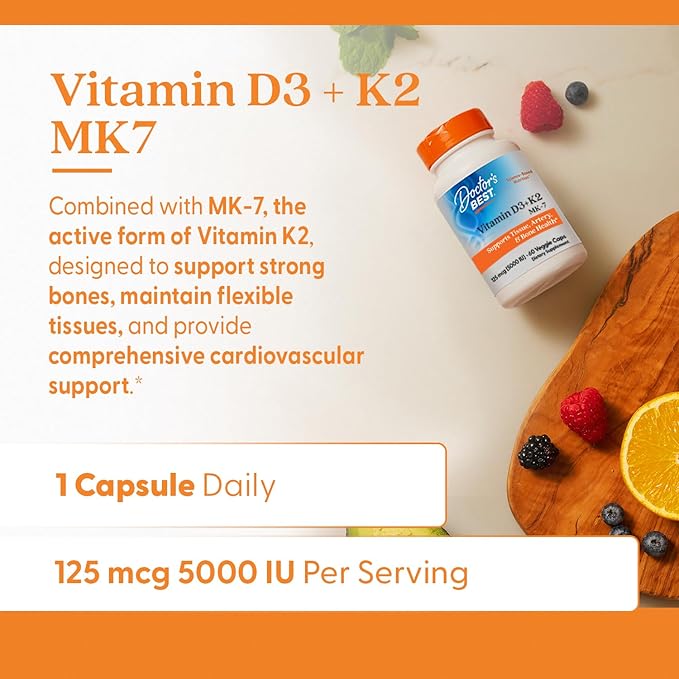 Doctor's Best Vitamin D3 + K2 (Vitamin K2 as MK-7), Supports Bone, Tissue, & Arterial Health, Calcium Absorption • Non-GMO • Gluten Free • Vegetarian, 5000 IU, 60 Veggie Caps