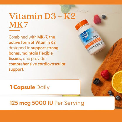 Doctor's Best Vitamin D3 + K2 (Vitamin K2 as MK-7), Supports Bone, Tissue, & Arterial Health, Calcium Absorption • Non-GMO • Gluten Free • Vegetarian, 5000 IU, 60 Veggie Caps