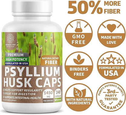 N1N Premium Psyllium Husk Capsules [All Natural,1450 MG] Powerful Soluble Fiber Supplement to Support Regularity and Digestive Health, 240 Caps