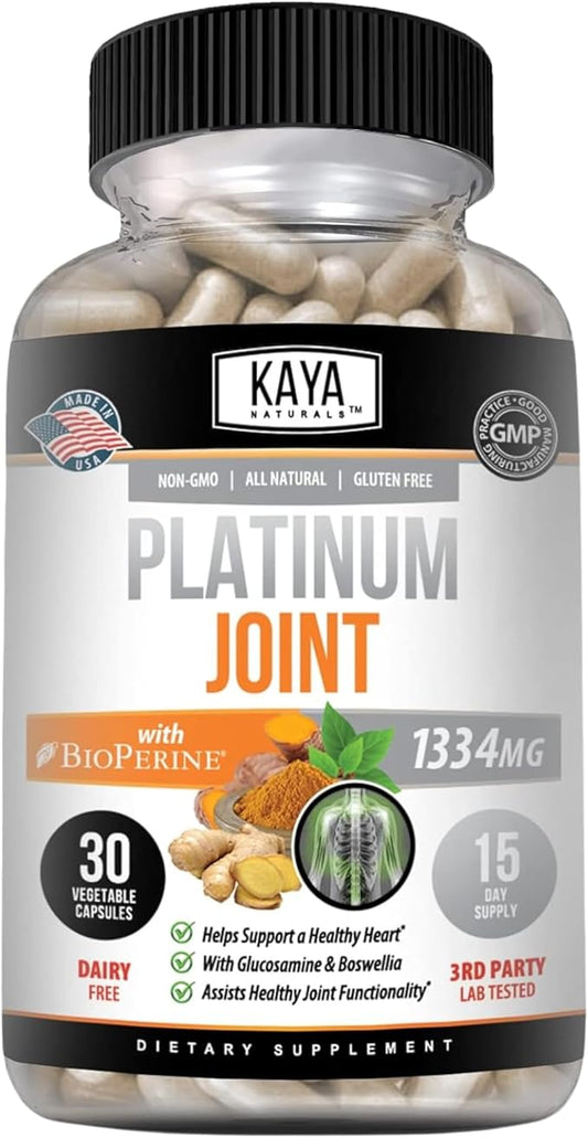 Kaya Naturals Platinum Mobility Turmeric - Bioperine, Glucosamine, Turmeric with Boswellia, Healthy Natural Mobility Support, Turmeric Curcumin 1334mg - 30 Capsules