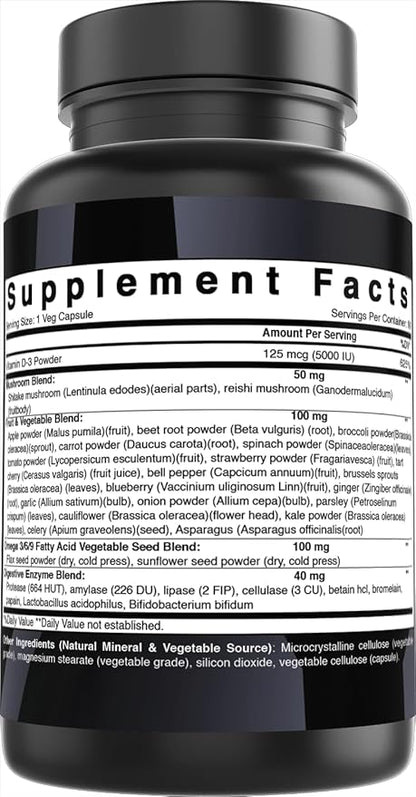 Best Naturals Day-to-Day Vitamin D 5000 IU 90 Veg Capsules - Made with Mushroom Blend, Fruit Vegetable Blend, Omega 3-6-9 Blend, & Digestive Blend
