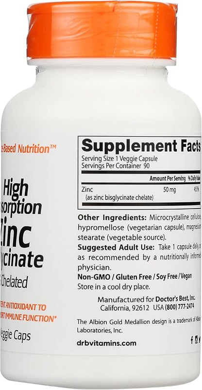 Doctor's Best Zinc Bisglycinate High Absorption 100% Chelated 50 MG, Non-GMO, Vegan, 90 Veggie Capsule (Pack of 1)