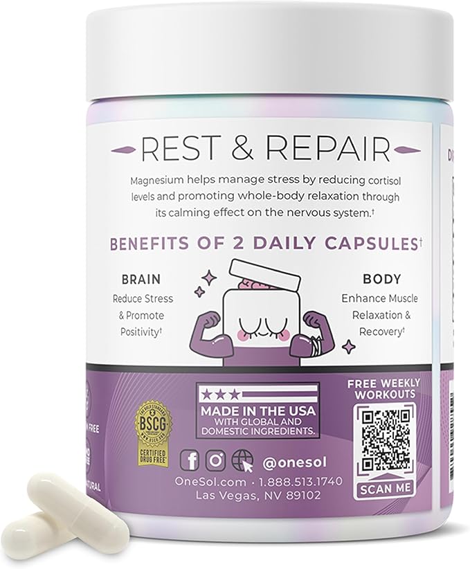 One Sol Magnesium, 1378 mg Dual Source Magnesium Bisglycinate for Sleep, Relaxation and Full Body Recovery | High Absorption | Vegan, Non-GMO, Gluten & Soy-Free | Made in USA, 60 Capsules