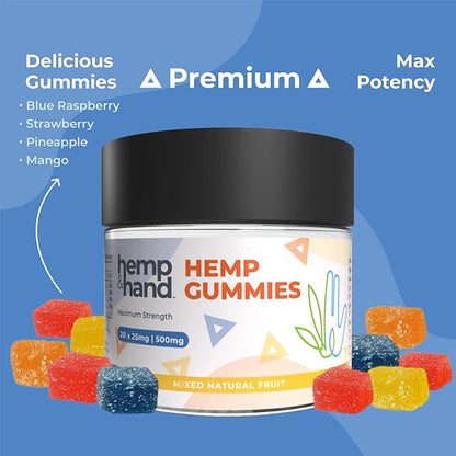 Hemp Gummies 500mg - Max Strength for Adults - Chill, Inflammation, Natural Pain, Restful Sleep (25mg Gummy) - by Hemp and Hand