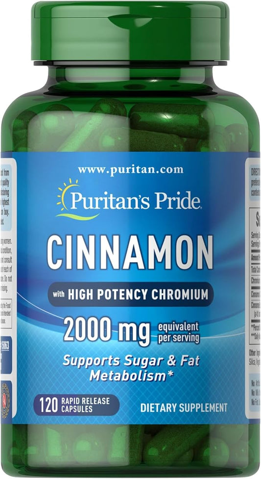 Puritan's Pride Cinnamon 875 mg (2000 mg Equivalent) with High Potency Chromium, Supports Sugar, Fat, & Healthy Nutrient Metabolism, Cellular Energy, Digestive Health, 120 Rapid Release Capsules